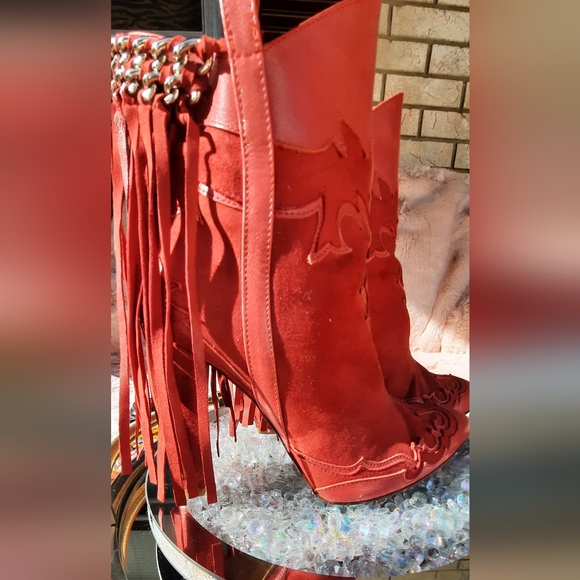 ZARA red suede fringe chain western bootie - Picture 7 of 10